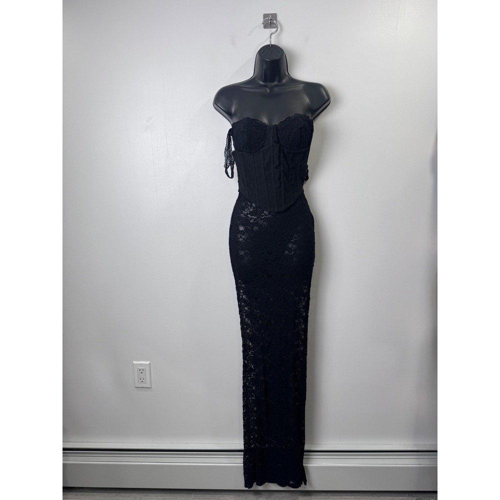 Outcast Women Black Maxi Dress Corset Lace Up Sheer Floral Lace XS